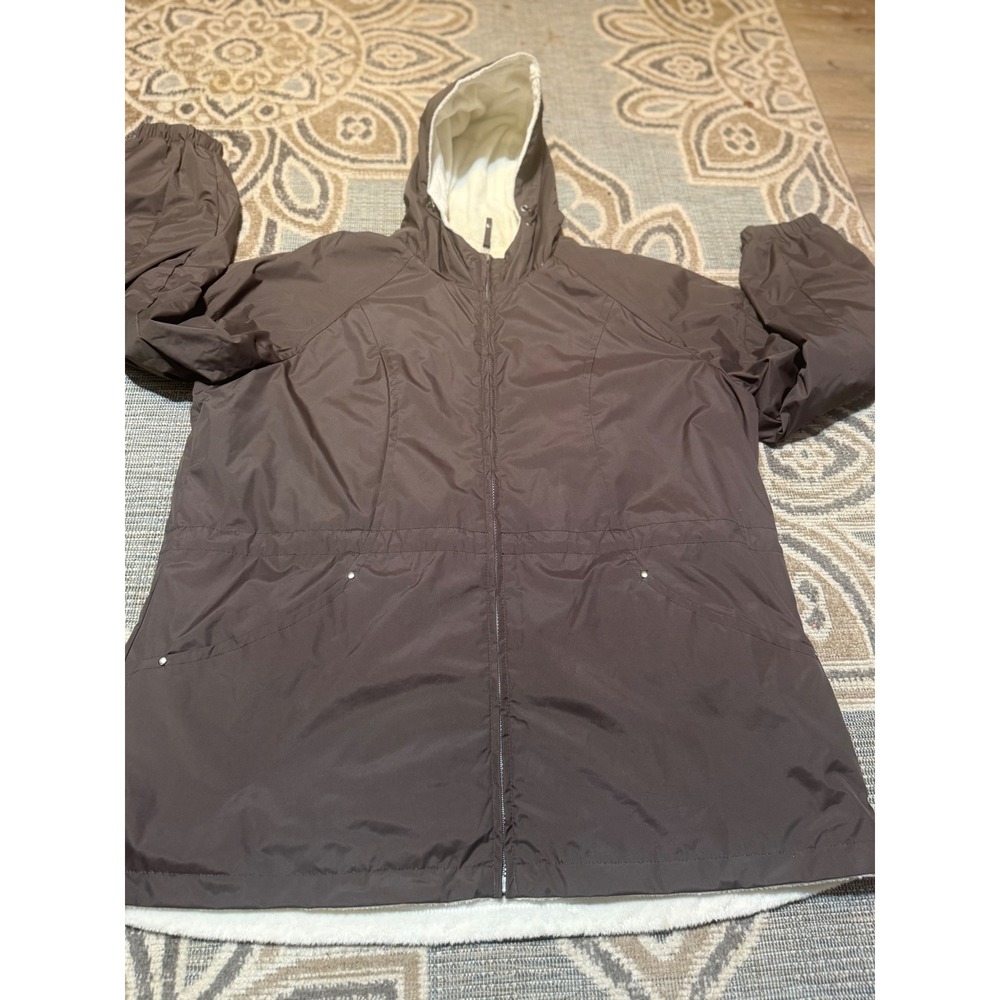 Womens Brown Hooded Parka Jacket Fleece Lined Cinch Waist Mid Length Coat